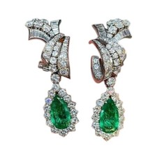 Colombian 17.25ct Green Emeralds With Round Zircon Dangle Drop Vintage Earrings