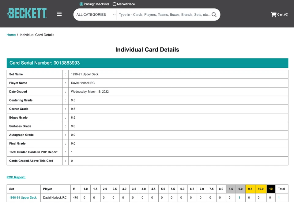 POP 1: David Harlock RC BGS 9: 1990-91 Upper Deck Rookie Card Gisto - Image 3 of 3