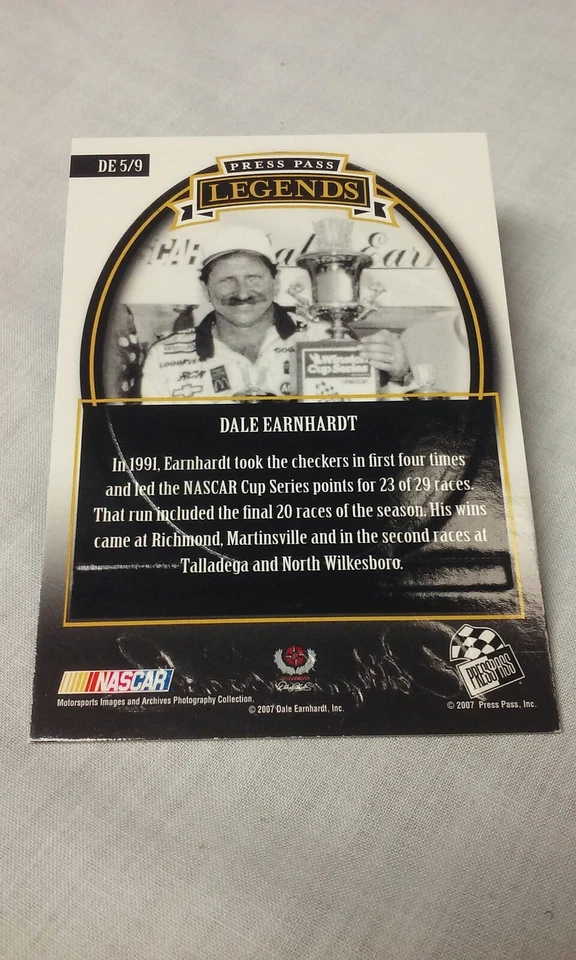 Dale Earnhardt Press Pass Legends 2007 #319/499 1991 Champion 4 Wins RARE NASCAR - Image 3 of 3