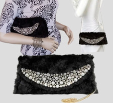 Adrienne Landau little Black Bag Faux Fur Clutch Evening Bag hsn qvc Retail $125