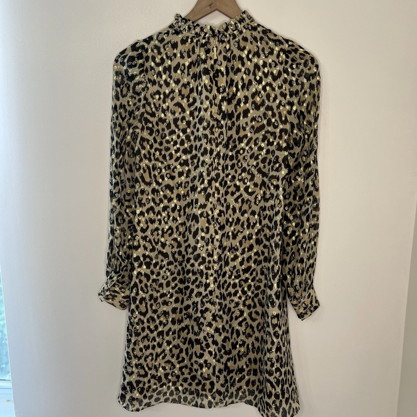 Abito a tubino Kate Spade New York seta chiffon metallizzato leopardato taglia 2 mini oro