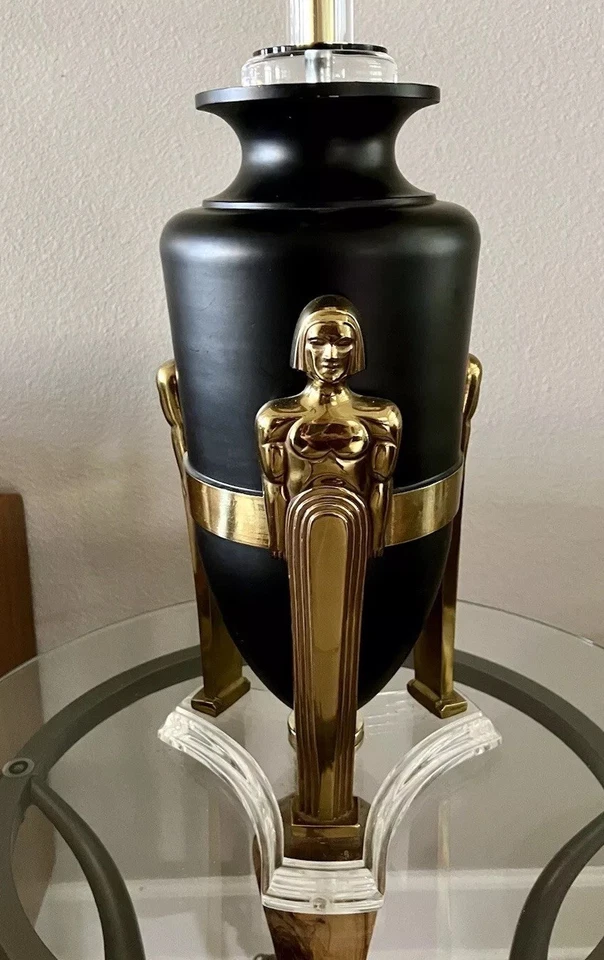 Obra maestra Art Deco, 3 estatuillas femeninas altas, vintage, extinta, lámpara Bauer rara Foto 4 de 4