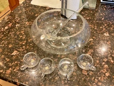 Reikes Crisa Modern Hand Blown Crystal Glass Punch Bowl Set  - 4 Cups/Ladle/Bowl
