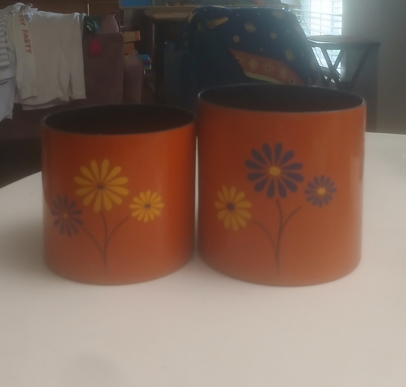 Set of 2 Orange Floral Metal Canisters  Cylinder