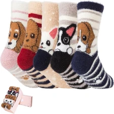 ICEIVY 5 Pair Fuzzy Cozy Socks for Women - Warm Comfy Soft Striped Dog-01 