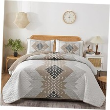 Brown Boho Quilt Set Queen,3 Pieces Aztec Texture Queen 90   96  Khaki Brown