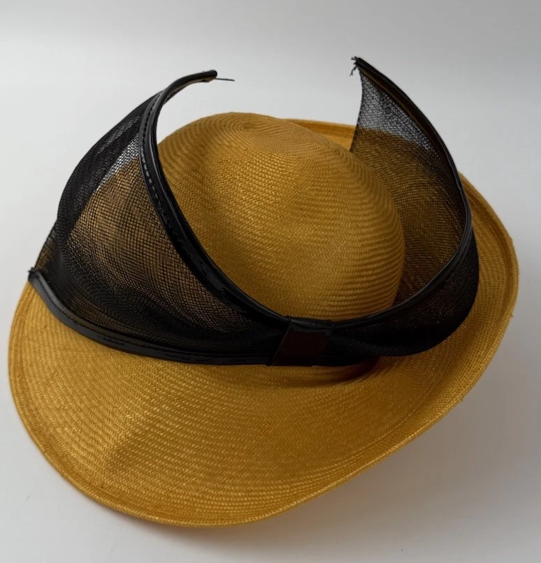Unique Mr John Classic Yellow Straw Hat w/ Black Mesh Bow Mid Century Style  - Image 3 of 4