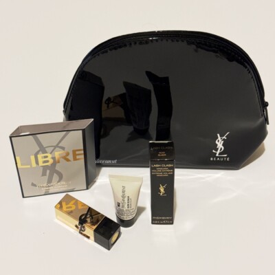 New {YSL} Black Pouch 4 Pcs Gift Set: Lipstick~ Mascara~ Lip Balm