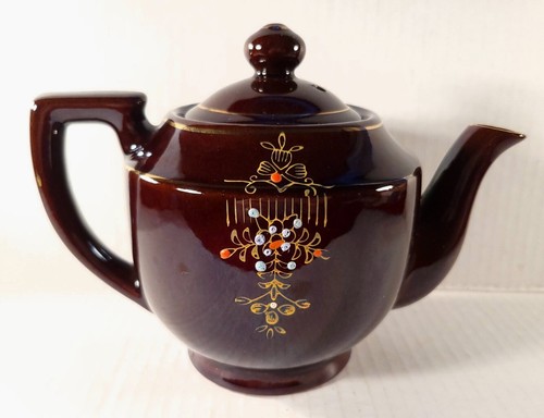 Tetera Betty Redware marrón vintage ornamentada pintada a mano esmalte Moriage. Japón - Imagen 3 de 12