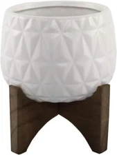 Flora Bunda 5 Inch Kaleid Ceramic on Wood Stand Mid Century,Matte White 5"