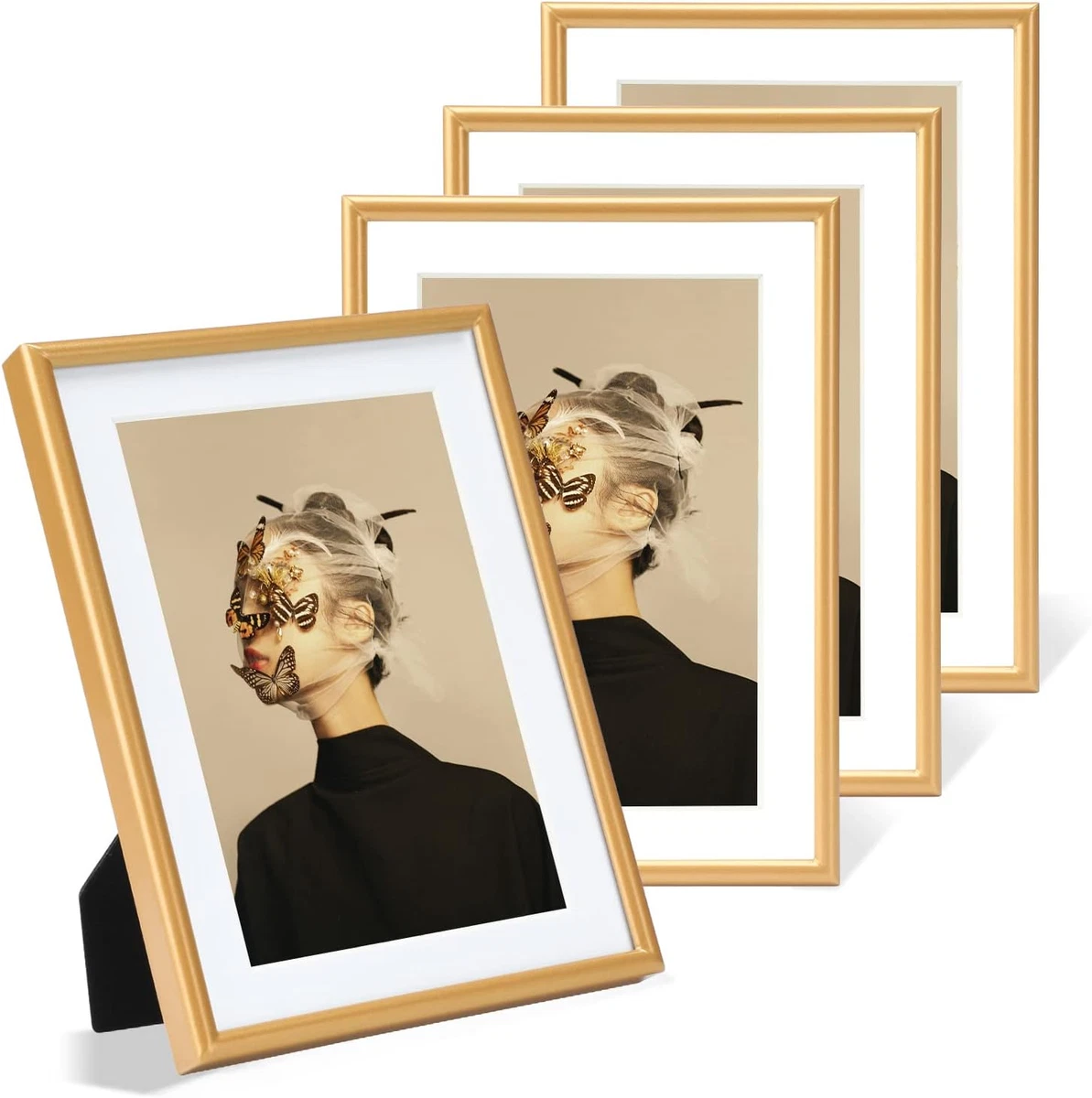 4X6 Picture Frame Set of 4, Matted Gold Simple Modern Thin Aluminum Metal  Photo