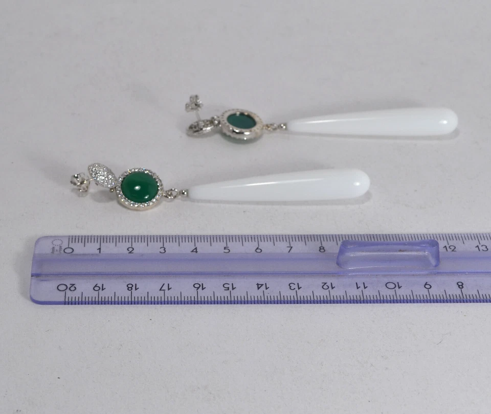 ORECCHINI IN ARGENTO 925 CON ZIRCONI AGATA VERDE PENDOLI AGATA BIANCA AGHT 0714 - Immagine 2 di 3