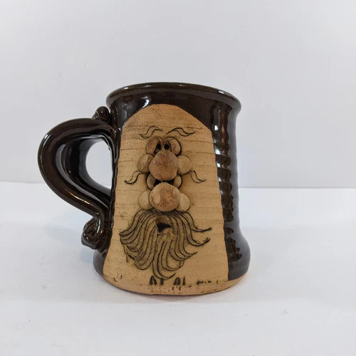 VTG 70's Peter Petrie Double Handle Funny Man Face Art Pottery Coffee Mug Cup 