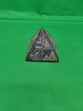Black Egyptian Pyramid Paperweight Carved Soapstone Figurine Hieroglyphics C