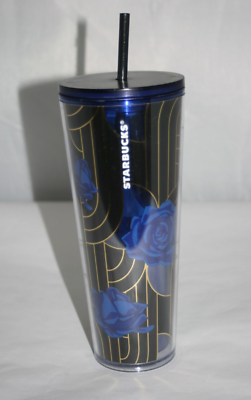 Starbucks 24 OZ Tumbler Cobalt Blue Roses Gold Line Design W/ Lid & Straw |  eBay