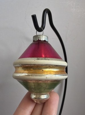 1950s Shiny Brite Pink Orange Green Spinning Top UFO Glass Christmas Ornament