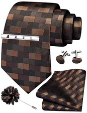 Tie Set for Men Necktie and Pocket Square,Tie Clip,Cufflinks, Lapel Pin Brown