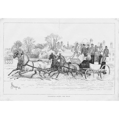 Viktorianische Coaching-Szene auf der Straße von John Sturgess - antiker Druck 1881