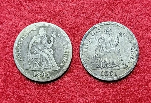 1891 Silver Seated Liberty 10c Ten Cents Lot Of 2 Good & VF