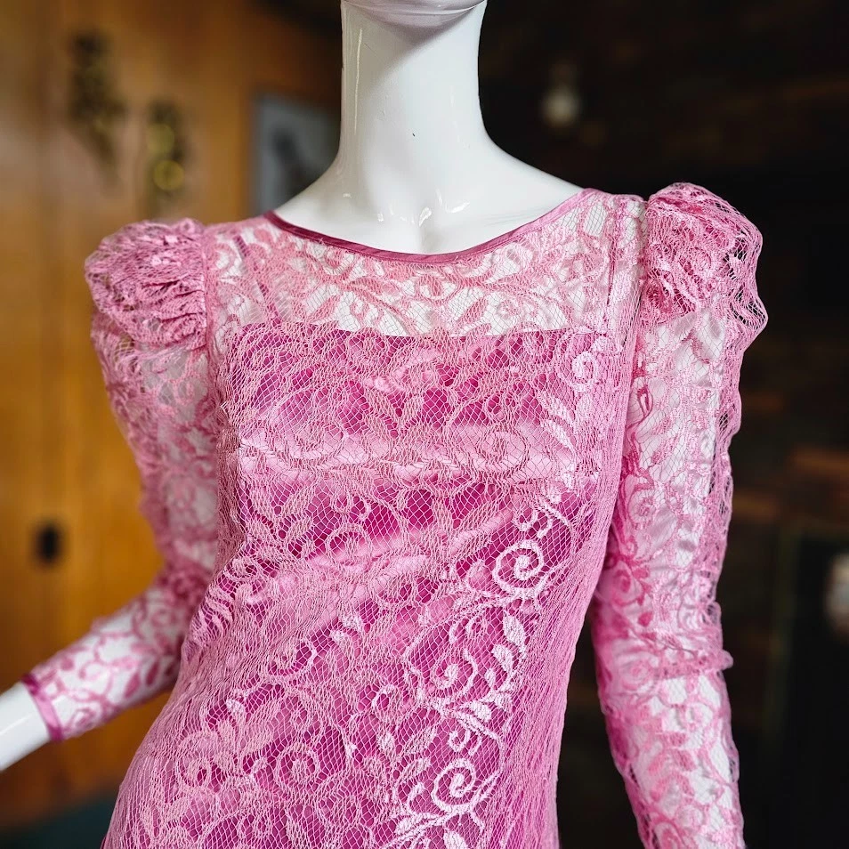 Vtg 80s do 20s Revival Dusty Rose Lace Puff Sleeve Fairy Flapper Party Dress M - Image 2 of 4