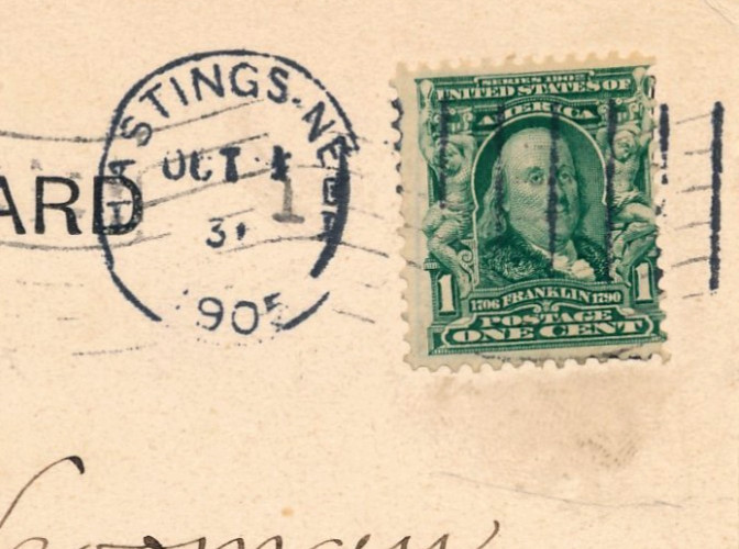 HASTINGS, NEBR. OVATE TOWN CANCEL & VERTICAL LINE KILLER MACHINE CANCEL. 1905.