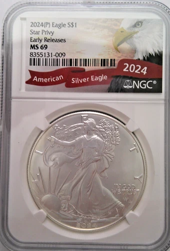 2024 AMERICAN SILVER EAGLE DOLLAR 1 OZ NGC MS69 ER W STAR PRIVY X1