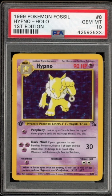 Pokemon Hypno Holo Fossil 8/62 1st Edition PSA 10 Gem Mint