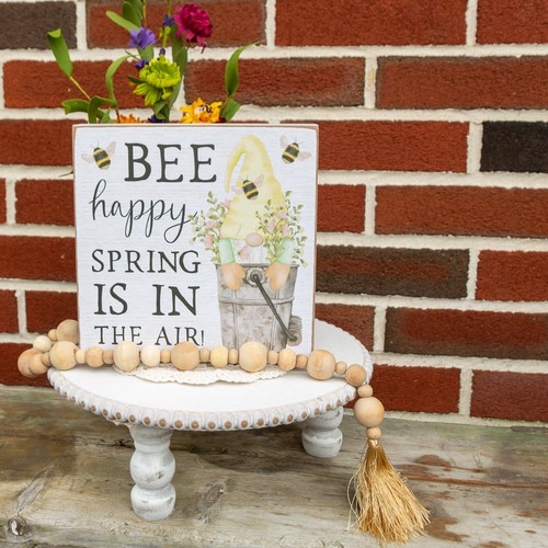 FARMHOUSE Sign Honey Bee & Gnome 8 x 8" Square Wall Hanging Spring Decoration - Picture 3 of 7