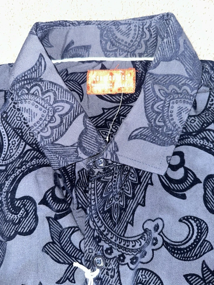XL Consequence Velvet Embossed Paisley AOP Shirt Mens Club Night Out Navy Retro - Image 2 of 4