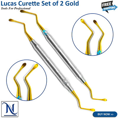 Lucas Curette Set Serrated Bone Curettes, Gold & Blue Dental Surgical Instrument