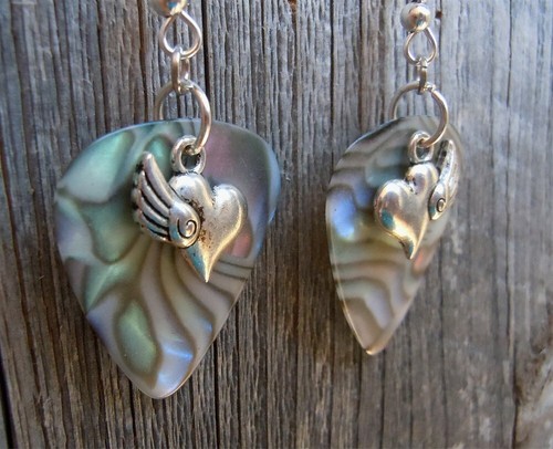 Heart with Single Wing Charm Guitar Pick Earrings - Pick Your Color - Picture 6 of 16