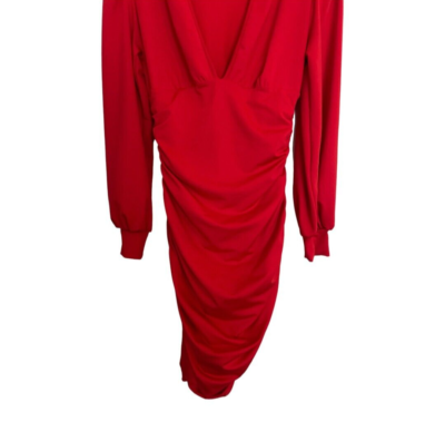 Deep Plunging V Neck Red Ruched Bodycon Mini Dress Long Sleeve Women's Small