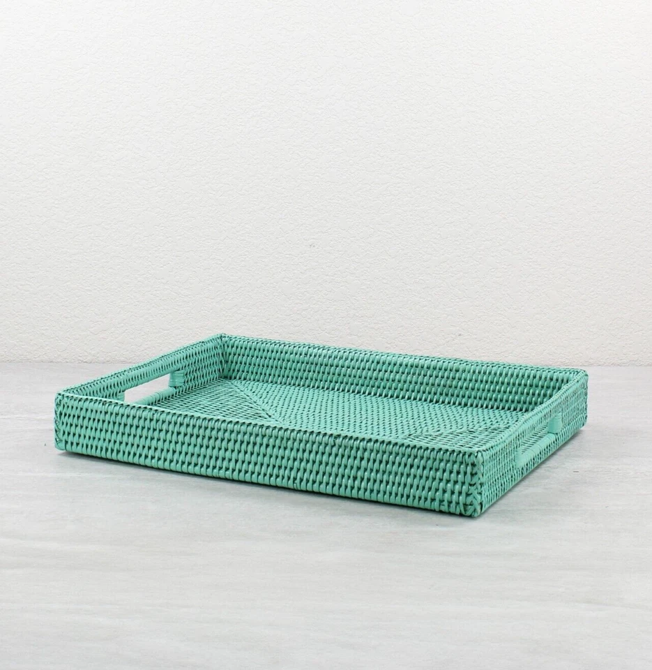 NEW Tight Woven Rectangle Rattan Tray for Luxury Homes- Medium, Turquoise - Image 2 of 3