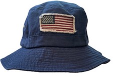 Frayed USA Flag Washed Style Twill Cotton Navy Bucket Hat Size S/M NWT