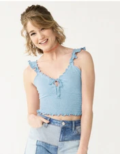 Juniors' SO® Smocked Front-Tie Tank Top Lt Blue XL