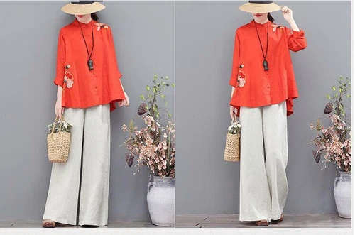 Retro Chinese Style Women's Cotton Blouse New Embroidery Loose Tops Shirts - Picture 12 of 15
