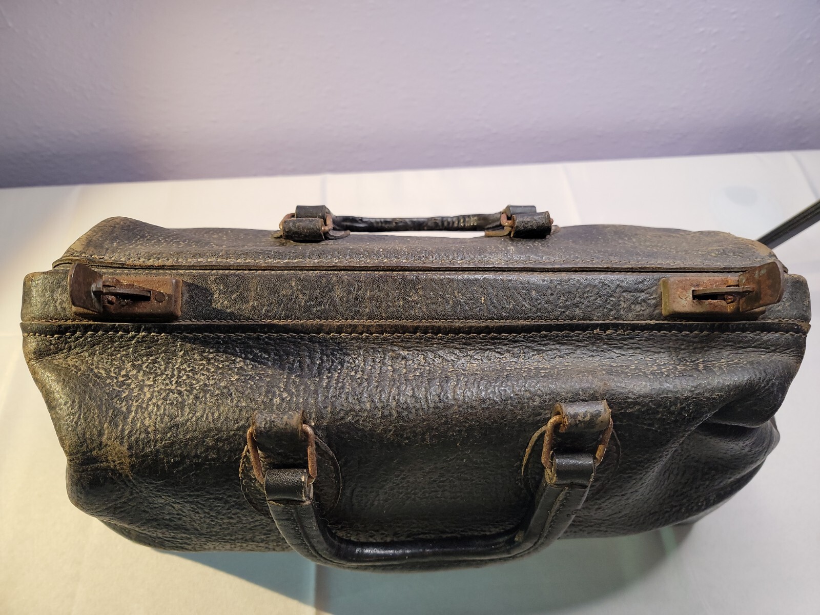 Vintage Black Leather Doctors Medical Bag Veterinarian House Call Bag