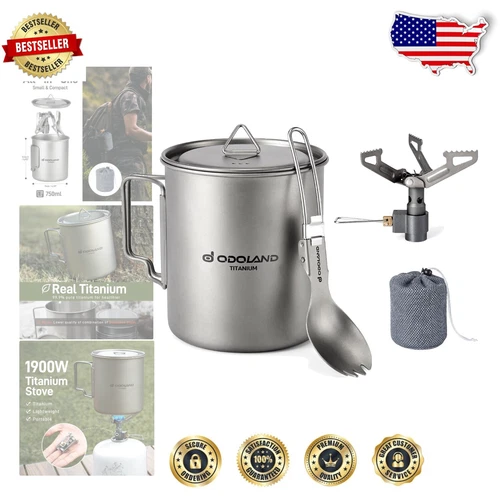 Ultra Lightweight 750ML Titanium Camping Cookware Set with Stove & Spork
