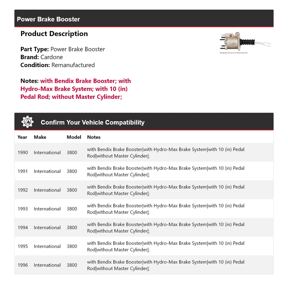 Para 1990-1996 International 3800 Power Brake Booster Cardone 1991 1992 1993 1994 Foto 2 de 4