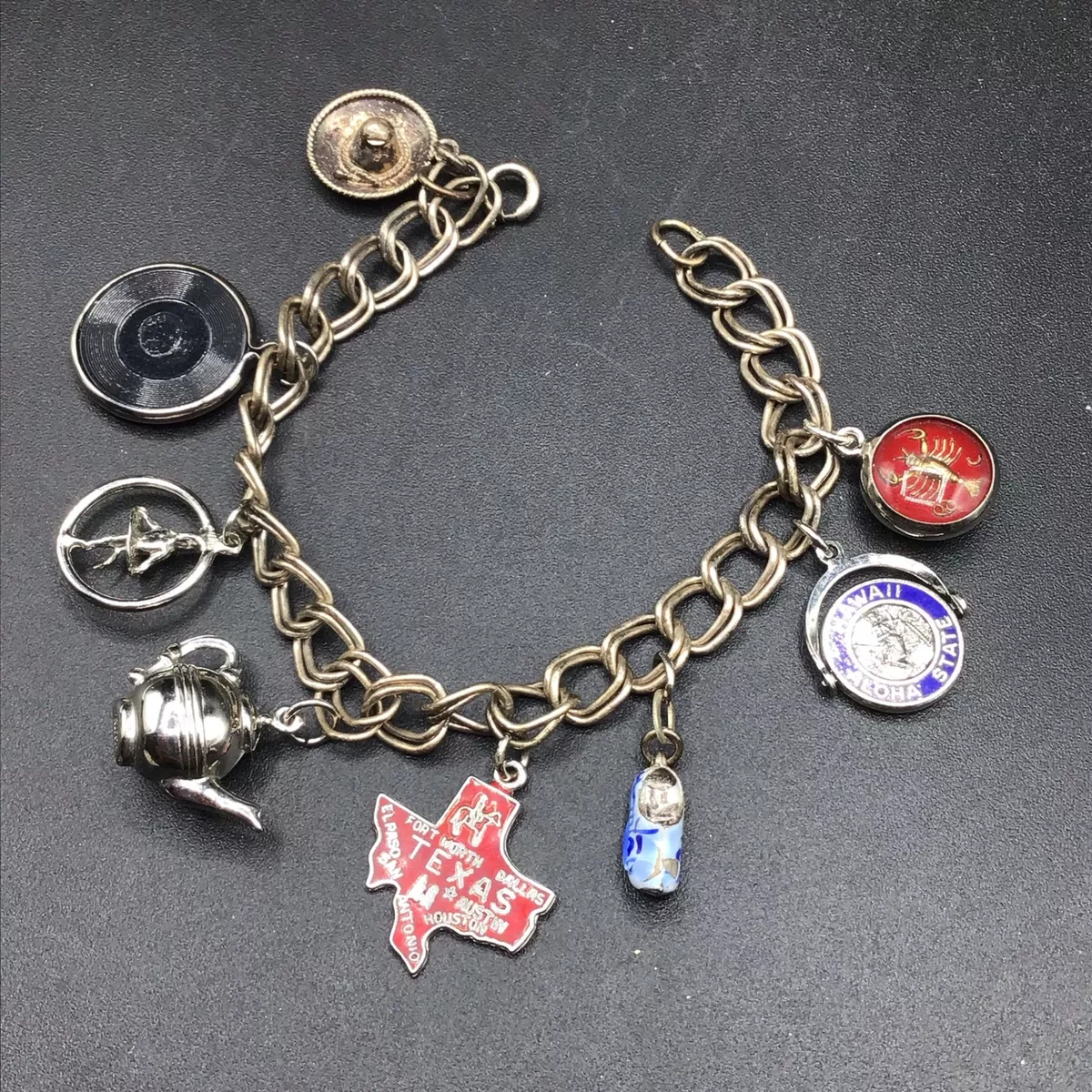Vintage Sterling Silver Charm Bracelet Scorpio Hawaii Texas Teapot Multi Charms