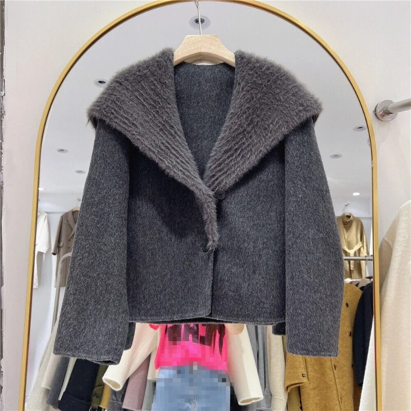 OFF WHITE 2024 Nuovo Cappotto Lana Doppio Lato Collo Pelliccia Flip Donna Bottoni Corto Lana