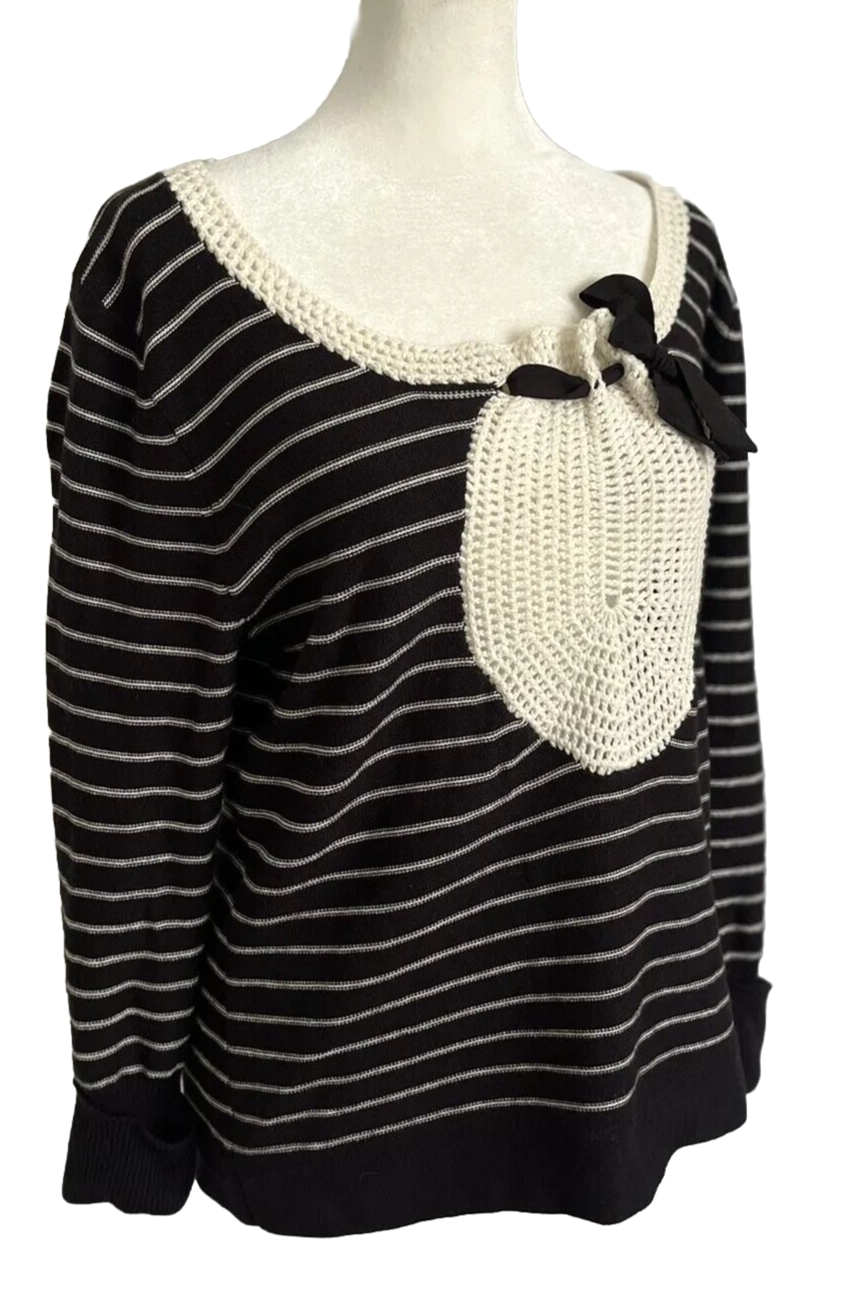 Anthropologie Field Flower Sweater Size Large Black Cream Stripe