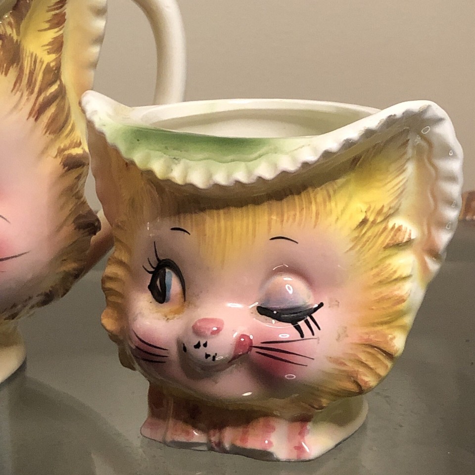 Vintage Enesco Winking Kitty Cat Teapot Sugar Bowl 1950s Japan Lefton