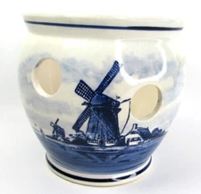 Vintage Delft Blauw Crocus Bulb Planter Bowl Vase Hand Painted Holland Windmill