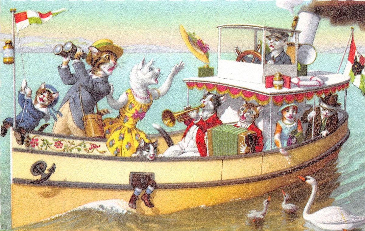 G91/ Dressed Cats Alfred Mainzer Postcard c1940s Steam Boat