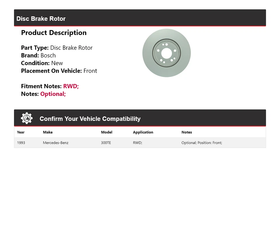 Rotor de freno de disco delantero Bosch QuietCast tracción trasera Mercedes 300TE 1993 Foto 2 de 4