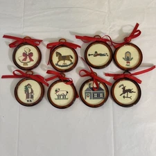 Vintage Point Stitch Handmade Framed Christmas Ornaments 8 Total From 1980’s