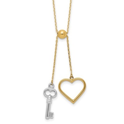 14K zweifarbig poliert verstellbar Hänger Herz und Schlüssel 17 Zoll Lariat Halskette