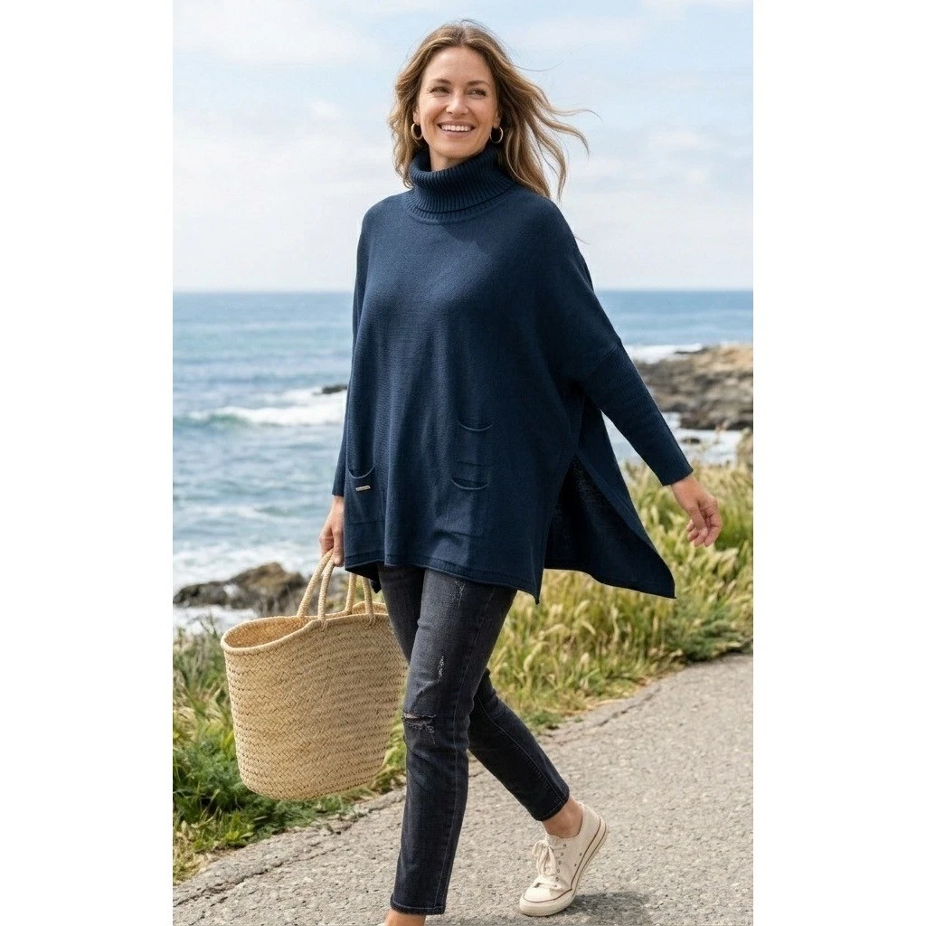 Mer Sea Catalina Wrap Sweater Womens OS Navy Blue Turtleneck Poncho Coastal