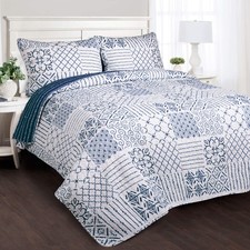 Monique 3 Piece Reversible Print Pattern Blue Quilt Set - Full Queen